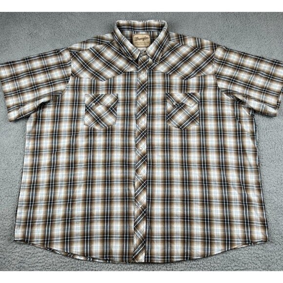WRANGLER Wrancher S/S Western Style PLAID Pearl Snap Shirt 3XL Brown America USA - Picture 2 of 10